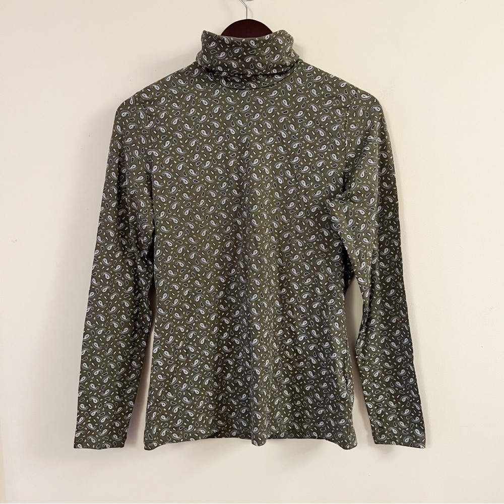 Lands’ End Forest Moss/Ivory Geo Paisley Long Sleeve Turtleneck Top Small NEW